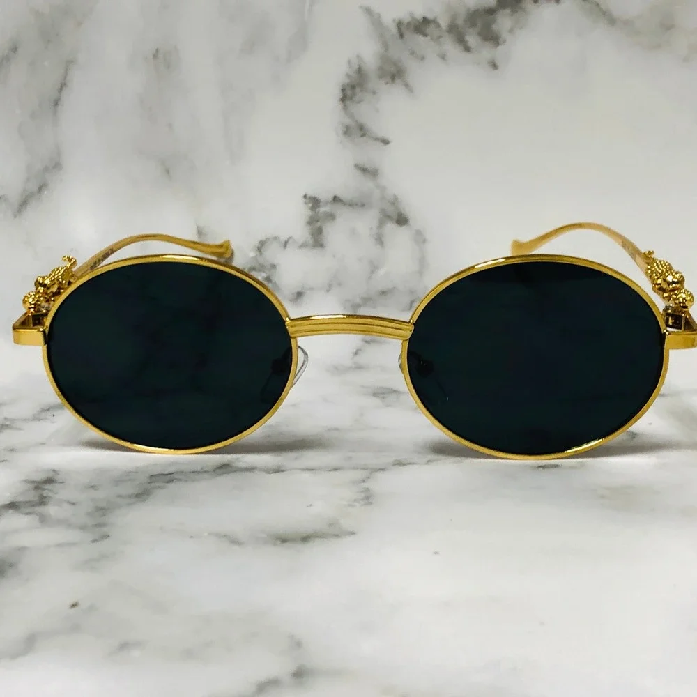 Round Sunglasses Dark Black Lens Gold Metal Frame‎ Men's Fashion Shades Lentes
